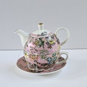 Park Chateau Fine Porcelain, Floral Pink 3pc Tea Set, Teapot, Cup & Saucer. New